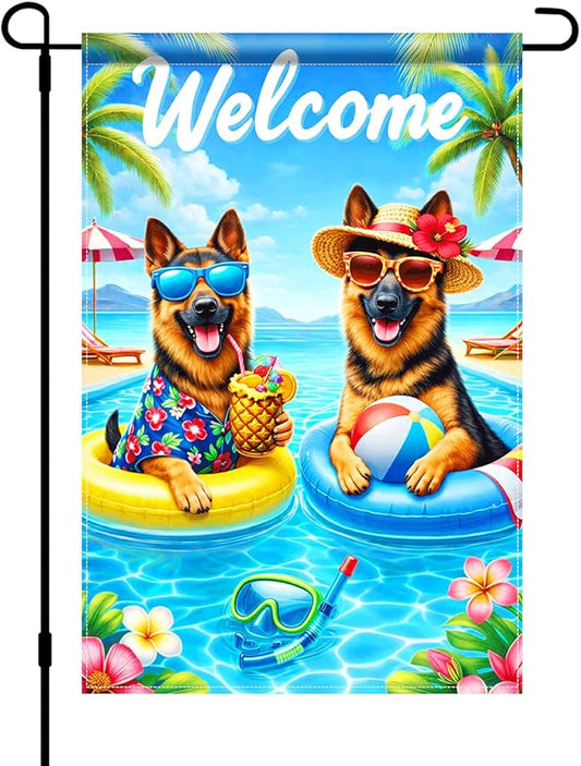 BlissYard Welcome Summer German Shepherd Garden Flag 12x18 Double Sided Vertical Outdoor Pool Dog Decor Tropical Beach Yard Lawn Patio Poolside Banner