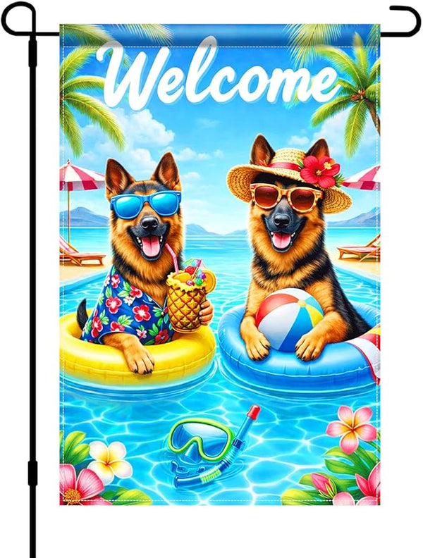 BlissYard Welcome Summer German Shepherd Garden Flag 12x18 Double Sided Vertical Outdoor Pool Dog Decor Tropical Beach Yard Lawn Patio Poolside Banner