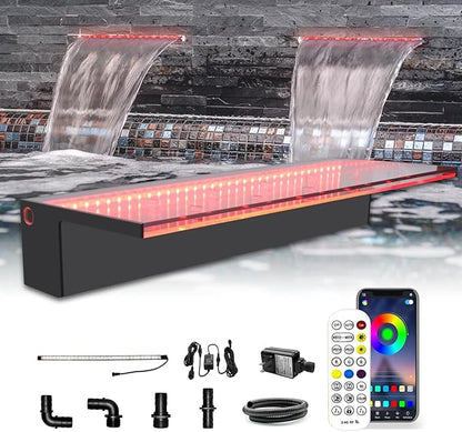 LONGRUN 60cm Pond Waterfall Blade,Acrylic Pool Fountain with RGB Bluetooth LED Light, Complete Waterfall & Stream Kits for Outdoor Water Features