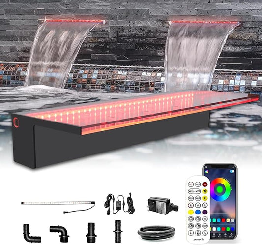 LONGRUN 60cm Pond Waterfall Blade,Acrylic Pool Fountain with RGB Bluetooth LED Light, Complete Waterfall & Stream Kits for Outdoor Water Features