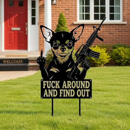 F Around & Find Out Dog Sentry Metal Dogs Silhouette Garden Stake with Middle Finger &Weapon Sign, FAFO Security Sign Middle Finger Dog Statue Decor for Outdoor Yard Patio (Chihuahua, 8 * 16")