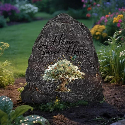 Garden Stone Sculpture with Tree of Life Butterfly, Solar Resin Outdoor Sculpture, Suitable As Tomb Decoration for Garden, Lawn, Cemetery, Memorial Gift, Home Decoration