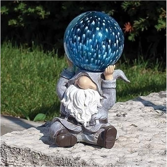 Roman, Garden Gnome, Solar LED Garden Décor, 10" H Garden Statue. Outdoor Gift, Blue Gnome