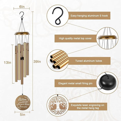 Sympathy Wind Chimes for Loss of Loved One, Memorial Windchimes for Lost Father Mother, Remembrance Bereavement Gift with Card, in Memory of Dad Mom Metal Funeral Decor for Garden Outdoor (39“ Gold)