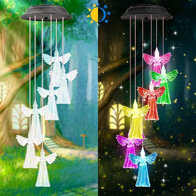 Gifts for Women Mom Grandma, Gardening Birthday Gifts for Mothers Day, Angel Solar Wind Chimes for Outside, Wind Chimes Outdoor Waterproof, Solar Lights Outdoor Decorative for Garden Patio Yard