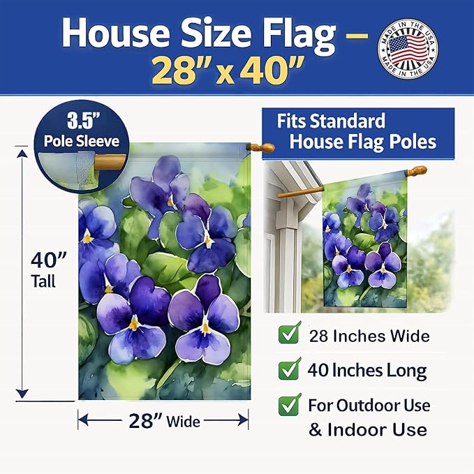 Caroline's Treasures Rhode Island Violets in Watercolor House Flag Large Porch Sleeve Pole Decorative Outside Yard Banner Artwork Wall Hanging, Polyester, House Size, Multicolor