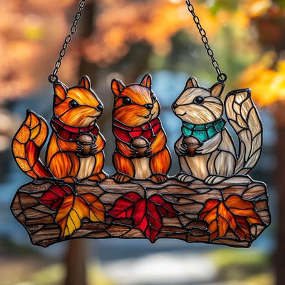 Autumn Squirrel Acrylic Suncatcher Stained Glass Effect Window Car Hanging Christmas Ornament Indoor Outdoor Decor Garden Sun Catcher Panel for Acrylic Suncatcher Lover for Women Mom Grandma