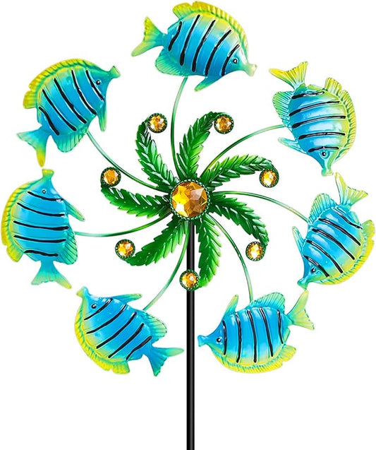 Tropical Fish Wind Spinners - 39" Ocean-Themed Metal Wind Sculptures Garden Stake Art, 13.5” Windmill Yard Kinetic, Outdoor Decor for Patio & Lawn - Metal Beach Sculpture with Fish Design