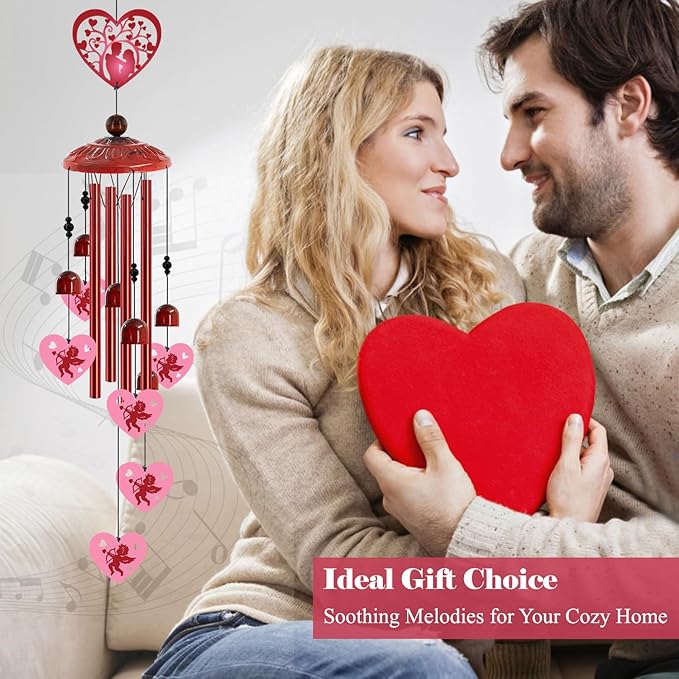 Love Heart Wind Chimes Outdoor,Romantic Metal Wind Chime for Couples – Valentine’s Day Anniversary Wedding Gift for Wife & Husband, Cupid & Couple Garden Porch Decor (Red)