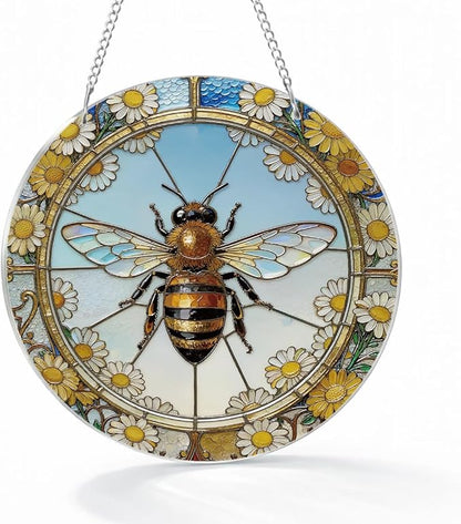 Acrylic Window Hanging, Bee Flowers Yellow Suncatcher Window Doors Home Decoration, Christmas Ornament, Birthday Gifts for Garden Lover