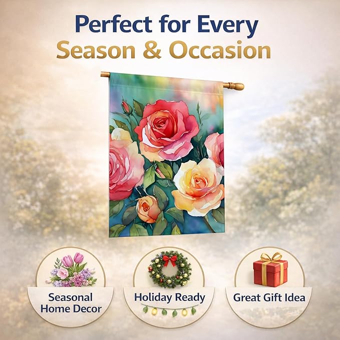 Caroline's Treasures Oklahoma Roses in Watercolor House Flag Large Porch Sleeve Pole Decorative Outside Yard Banner Artwork Wall Hanging, Polyester, House Size, Multicolor