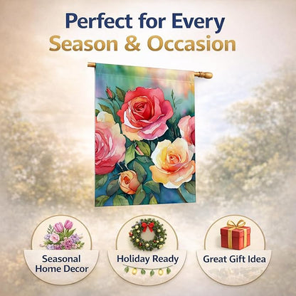 Caroline's Treasures Oklahoma Roses in Watercolor House Flag Large Porch Sleeve Pole Decorative Outside Yard Banner Artwork Wall Hanging, Polyester, House Size, Multicolor