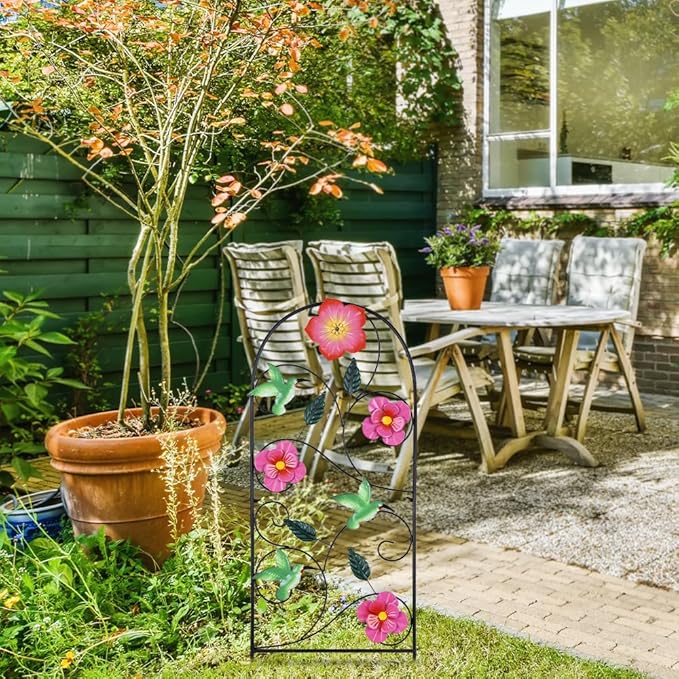 YEAHOME Garden Decor for Outside, 33" Hummingbird Decorative Garden Stakes with Pink Flowers for Spring Garden Decor, Metal Yard Art for Outdoor Lawn Backyard Porch Decorations