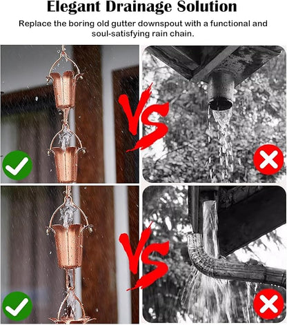 Decorative Rain Chain Copper, Rainwater Gutter Chains with Metal Hook, Adjustable Length Rain Bells, Roof Gutter Downspout Channel,2.2m (7.2ft)
