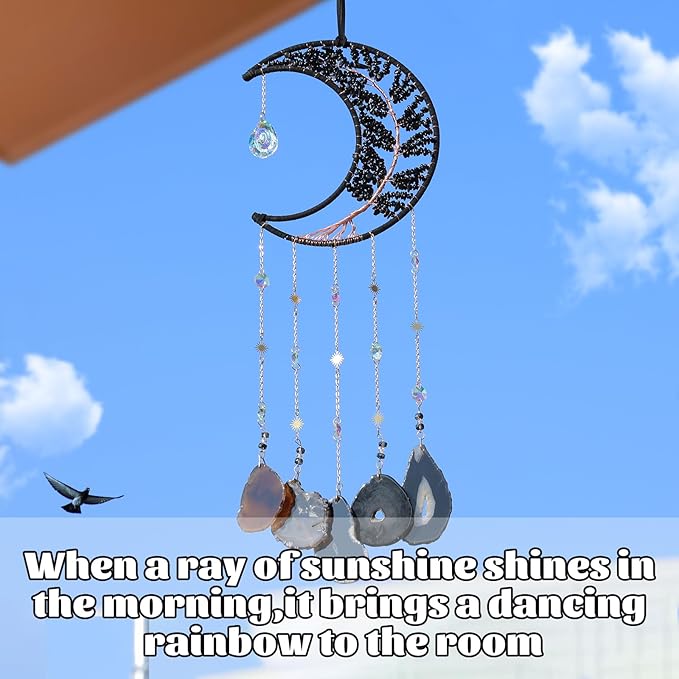 Black Dream Catchers, Dreamocean Moon Tree of Life Dream Catcher with Agate Crystal Suncatchers for Windows Hanging Prism Rainbow Maker Pendant Unique Crystal Gifts for Women