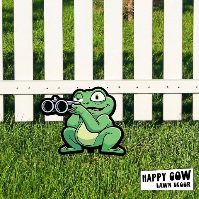 Garden Outdoor Small Metal Art 7"x 6" Weather Resistant Lawn Ornaments Sturdy Stakes Yard Sign Decoration for Patio (Frog with Shotgun)