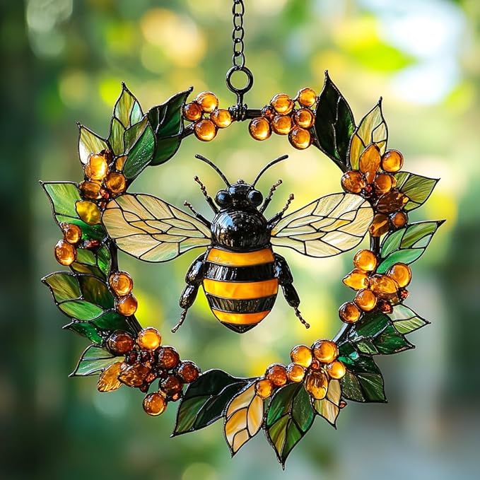 Bee Floral Wreath Acrylic Suncatcher Stained Glass Effect Window Car Hanging Christmas Ornament Indoor Outdoor Decor Garden Sun Catcher Panel for Bee Lover for Women Mom Grandma