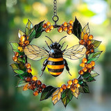 Bee Floral Wreath Acrylic Suncatcher Stained Glass Effect Window Car Hanging Christmas Ornament Indoor Outdoor Decor Garden Sun Catcher Panel for Bee Lover for Women Mom Grandma