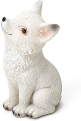 White Fox Figurine - Super Cute Little Sitting Baby Fox Cub Statue, Adorable Resin Sculpture, Decorative Polyresin Animal Ornament, Tabletop Décor for Outdoor Garden Patio Lawn Yard Pool Potted Plant