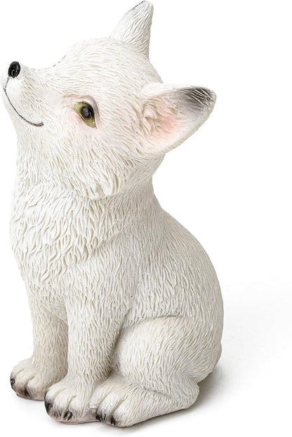 White Fox Figurine - Super Cute Little Sitting Baby Fox Cub Statue, Adorable Resin Sculpture, Decorative Polyresin Animal Ornament, Tabletop Décor for Outdoor Garden Patio Lawn Yard Pool Potted Plant