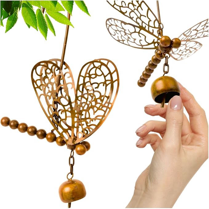 Happy Gardens Hanging Dragonfly Ornament with Bell - Bronze Dragonfly Bell Ornament - Metal - Traditional - 9.5'' W x 10.5'' D x 11'' H - Garden Decor