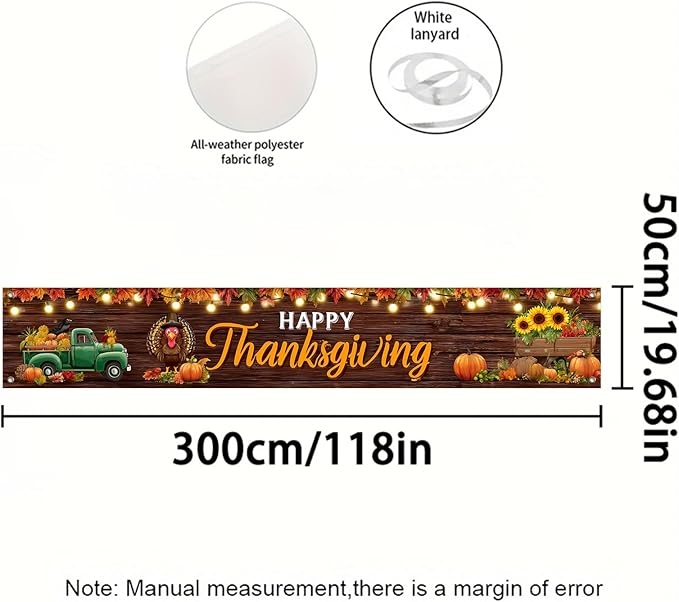 BlissYard Happy Thanksgiving Banner Autumn Harvest Backdrop Turkey Truck Pumpkins 118x20 inches Fall Decor Supplies for Thanksgiving Celebration Photo Backdrop Wall Hanging Decoration