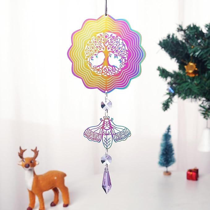 Tree of Life Wind Spinner Suncatcher Metal Colorful Wind Chimes for Outside Durable 3D Stainless Steel Wind Sculpture Hanging Art Ornaments for Garden Yard Balcony Decor