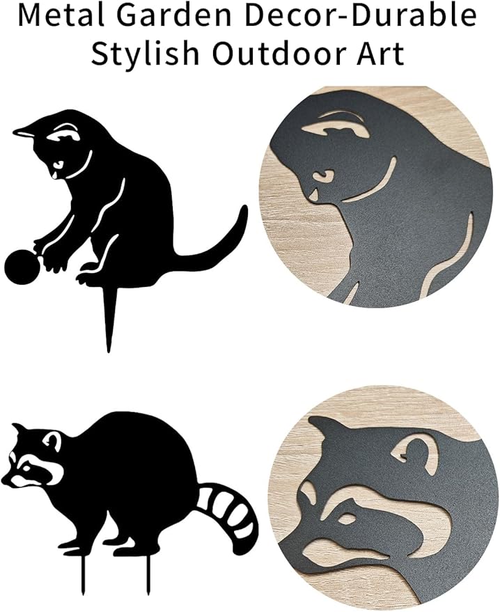 Decorative Garden Stakes for Outside,Metal Animal Silhouette Yard Art Set of 2,Cat & Raccoon Garden Decor for Garden, Lawn, Patio, Cute Outdoor Lawn Ornaments Animal Silhouette Statues