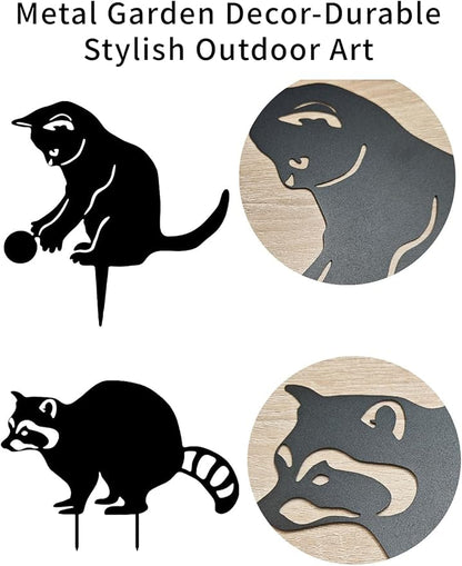 Decorative Garden Stakes for Outside,Metal Animal Silhouette Yard Art Set of 2,Cat & Raccoon Garden Decor for Garden, Lawn, Patio, Cute Outdoor Lawn Ornaments Animal Silhouette Statues