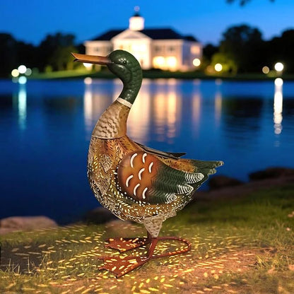 HONGLAND Solar Outdoor Metal Duck Sculpture, 16" Mallard Duck Garden Statue with Lights for Outdoor Patio, Backyard, Lawn, Home Kitchen Decoration