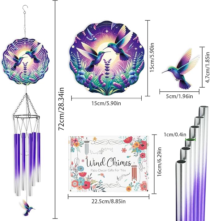 Hummingbird Wind Chimes for Outside - Hummingbird Wind Chimes with 3D Wind Spinners for Bird Lover, Hanging Art Ornament for Indoors Room Home Wall Garden Patio Yard Porch Backyard, Memorial Gifts