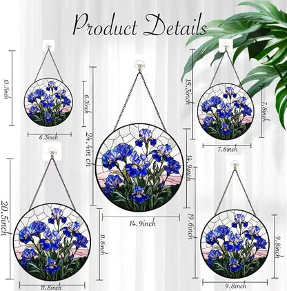 Stained Glass Window Hanging - Blue Iris Painting 6.3 Inches Suncatcher for Garden Home Decor for Women Mon Grandma Friends