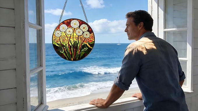 Stained Glass Window Hanging - Colorful Dandelion Pattern 6.3 Inches Suncatcher for Garden Home Decor for Women Mon Grandma Friends