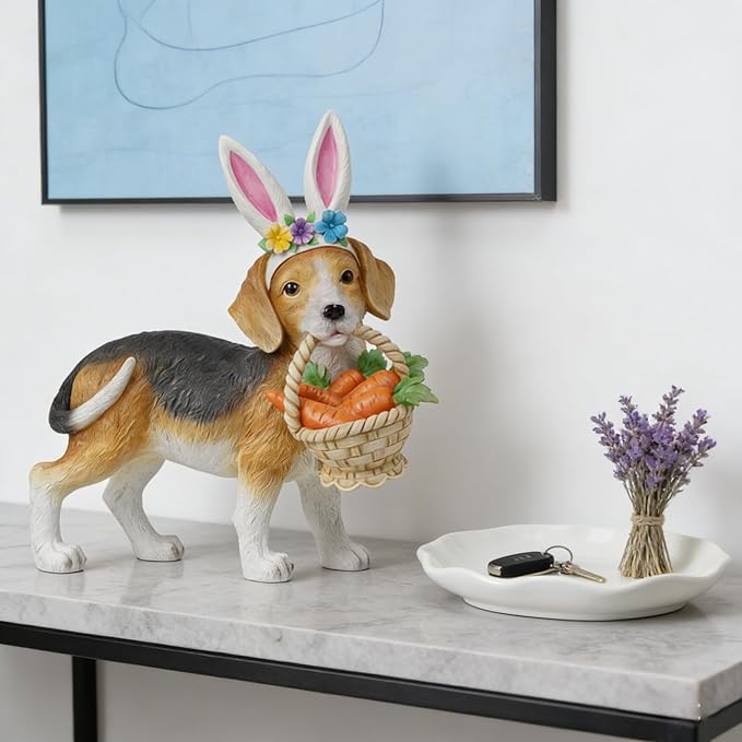 Cynkeyee Dog Garden Statue Decoration - Cute Puppy Beagle Statues with Bunny Ears Carrot Basket Figurines for Tabletop Self Floor Indoor Decor 11.5x4x10.5 inch