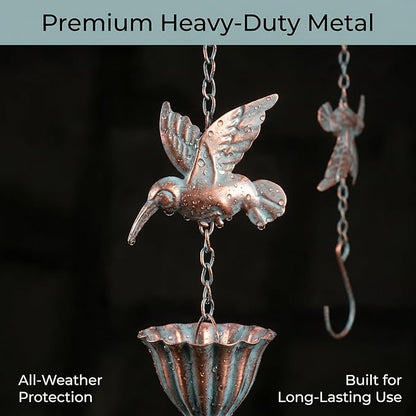 8.8Ft Metal Hummingbird Rain Chain for Gutters, 8 Cups 9 Birds Design, Outdoor Downspout Replacement, Tool-Free Installation, Decorative for Patio, Garden, Backyard and Balcony.