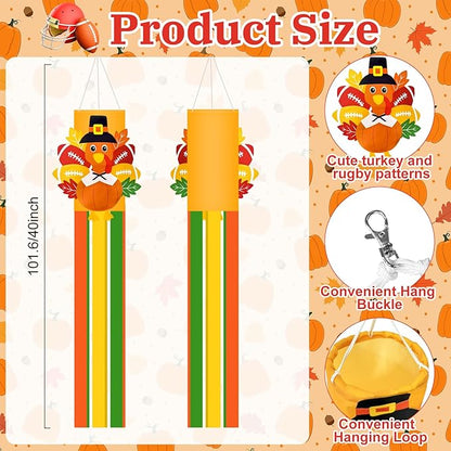 40 Inches Thanksgiving Turkey Windsock Decoration, Fall-Themed Hanging Outdoor Wind Sock Ornament with Football & Maple Leaf and Streamers for Porch, Yard, Garden, Autumn Harvest Decor