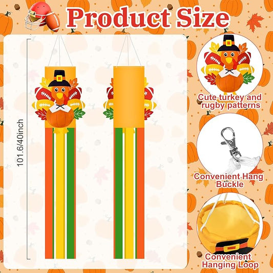 40 Inches Thanksgiving Turkey Windsock Decoration, Fall-Themed Hanging Outdoor Wind Sock Ornament with Football & Maple Leaf and Streamers for Porch, Yard, Garden, Autumn Harvest Decor