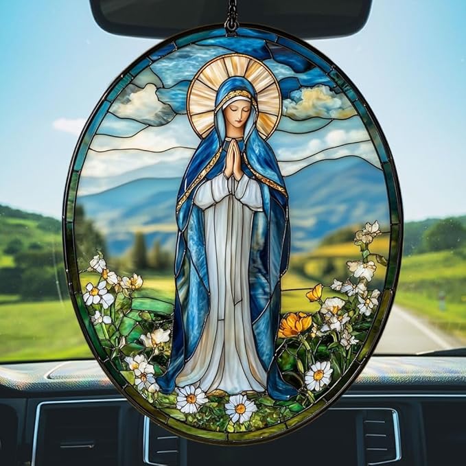 Virgin Mary Acrylic Suncatcher Stained Glass Effect Window Car Hanging Christmas Ornament Indoor Outdoor Decor Garden Sun Catcher Panel for Acrylic Suncatcher Lover for Women Mom Grandma
