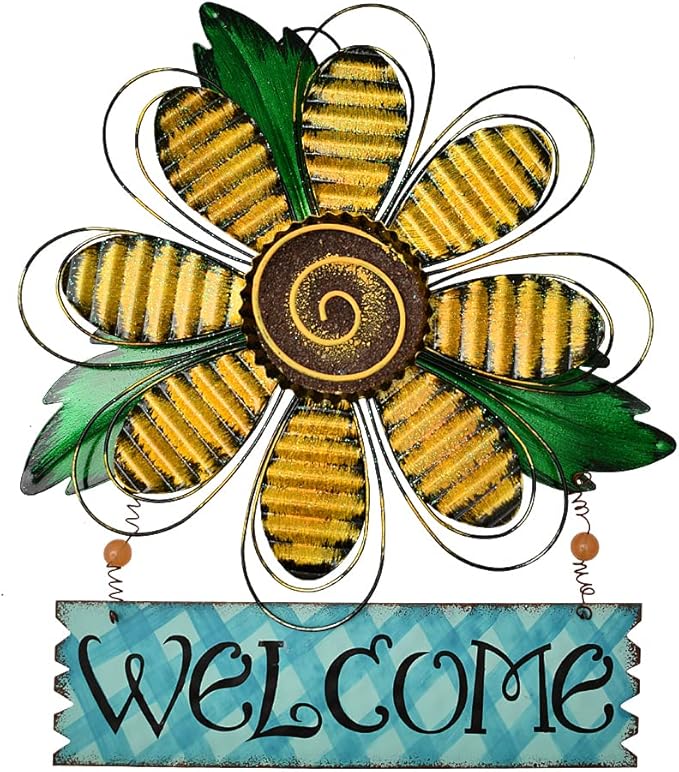 Hanging Welcome Sign Metal Flower Signs Wreath Decor Decorative Door Hanger Indoor Outdoor Spring Decoration for Porch Wall Front Door (Yellow)