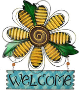 Hanging Welcome Sign Metal Flower Signs Wreath Decor Decorative Door Hanger Indoor Outdoor Spring Decoration for Porch Wall Front Door (Yellow)