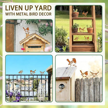 6 Pcs Robins Fence Decor, Outdoor Garden Metal Bird Decoration, Metal Art Ornament for Yard, Double-Side Design