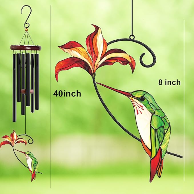 Personalized Metal Wind Chime Garden Sign, 40 Inch Outdoor Colorful Bird & Flower Memorial Decor, Yard Hanging Plaque for Patio Porch Lawn (JSTY370)