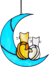 HDCRYSTALGIFTS 6.5'' Valentine’s Day Gift, Cat Lovers Stained Glass Window Hanging Sun Catcher Gifts for Women/Girls, Glass Couple Cat Sitting on Moon Suncatcher for Window, Wall Home Decor