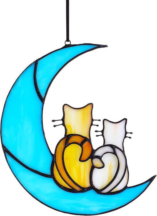 HDCRYSTALGIFTS 6.5'' Valentine’s Day Gift, Cat Lovers Stained Glass Window Hanging Sun Catcher Gifts for Women/Girls, Glass Couple Cat Sitting on Moon Suncatcher for Window, Wall Home Decor