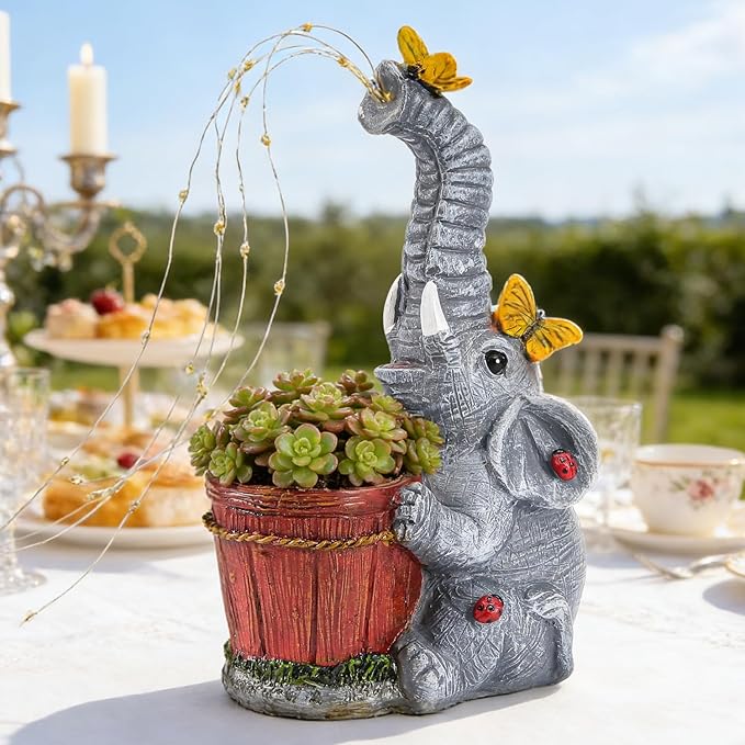 HUYIENO Solar Elephant Statue Garden Light Cute Resin Outdoor Decor with Watering Can Fairy Lights Waterproof Yard Patio Lawn Decoration Unique Gift for Elephant Lovers