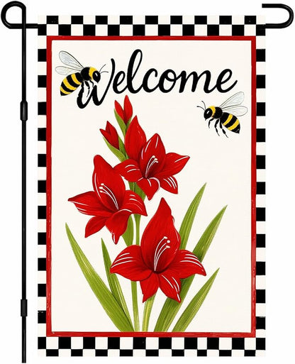 IVN Welcome Garden Flag 12x18 Inch Double Sided Spring Summer Garden Yard Flags Red Amaryllis Flowers Bees Decorative Small Flags for Outdoor Seasonal Front Door Lawn Porch Patio Decor Yard Flag
