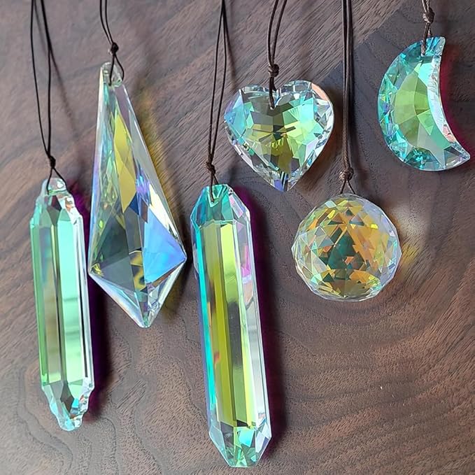 6PCS Crystal Sun Catcher Prisms, AB Colored Suncatcher Crystals Outdoor Indoor Window Hanging Christmas Ornaments Rainbow Maker Prisms for Home Garden Decor