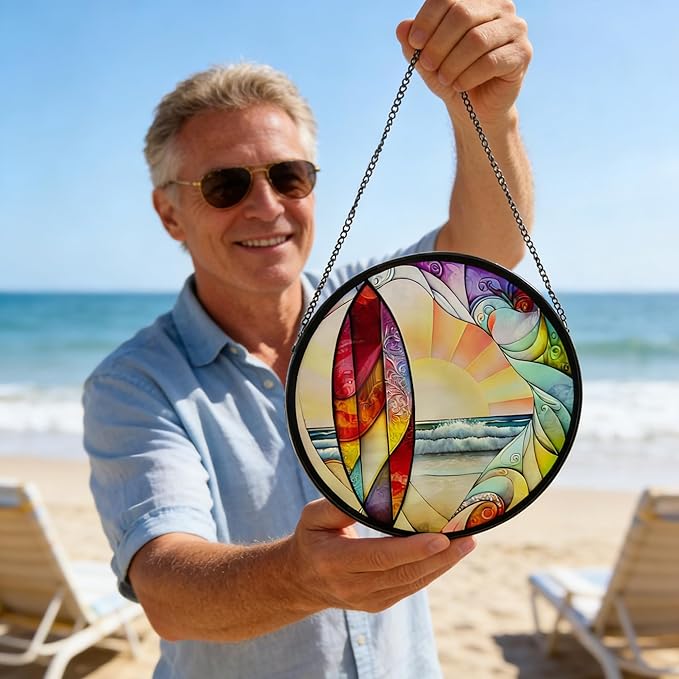 Coastal Sunrise Stained Glass Window Hanging - 9.8In Surf & Ocean Suncatcher, Beachy Home Decor for Windows, Porches & Living Rooms, Suncatcher Decor Gift for Women, Men