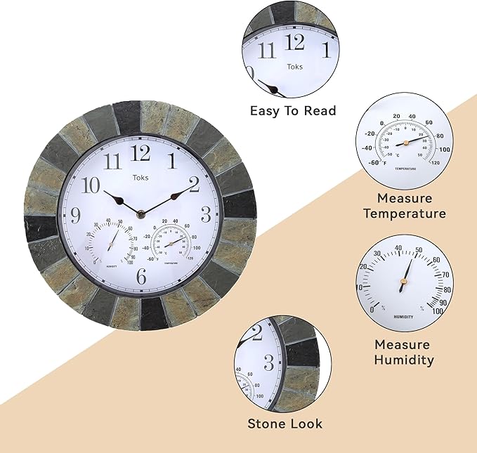 Lily's Home 13 Inch Wall Clock with Thermometer & Hygrometer - Indoor & Outdoor Hanging Clock with Temperature Humidity Gauge, Slate-Look Design for Patio, Garage & Living Room