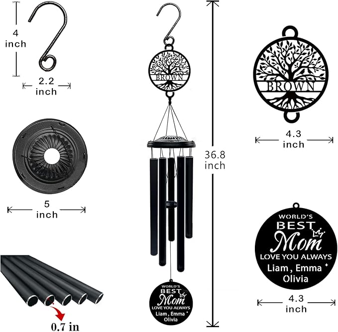 Personalized Mom Wind Chimes Birthday Gifts for Mom Valentines Day Gift for Mom from Daughter Son Outdoor Hanging Decoration